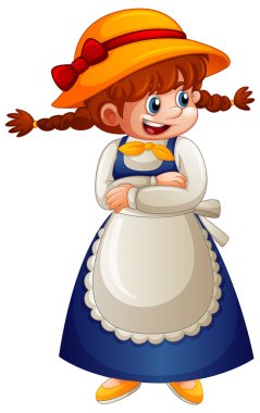 Beyaz arkaplanda izole edilmiş hizmetçi üniformalı bir çizgi film karakteri.