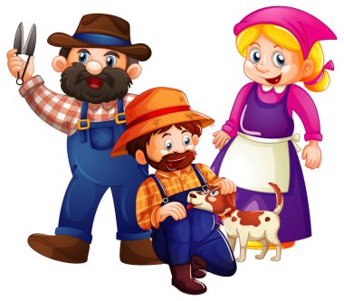 Beyaz arkaplan çizimine izole edilmiş çiftçi ya da bahçe üniformalı insanlar.