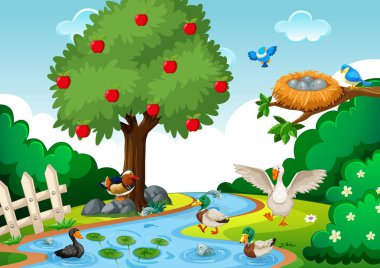 Hayvan parkı illüstrasyonuyla orman sahnesinde akarsu