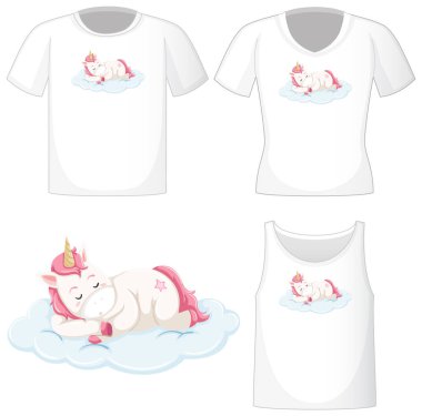 Beyaz arkaplanda izole edilmiş beyaz gömleklerdeki şirin tek boynuzlu at logosu.