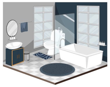 Mobilyalarla dolu banyo içi modern illüstrasyon