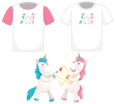 Beyaz arkaplanda izole edilmiş beyaz gömleklerdeki şirin tek boynuzlu at logosu.