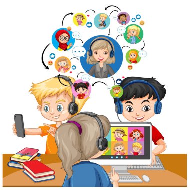 Çocuklar beyaz arkaplan illüstrasyonunda öğretmen ve arkadaşlarıyla görüntülü iletişim kurmak için laptop kullanıyorlar