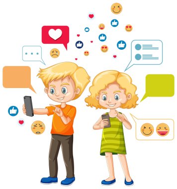 İnsanlar beyaz arkaplanda izole edilmiş akıllı telefon ve emoji simgesi çizgi film karakteri kullanıyorlar