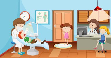 Diş sağlığı kliniğinde diş hekimi resimli çocuklar.