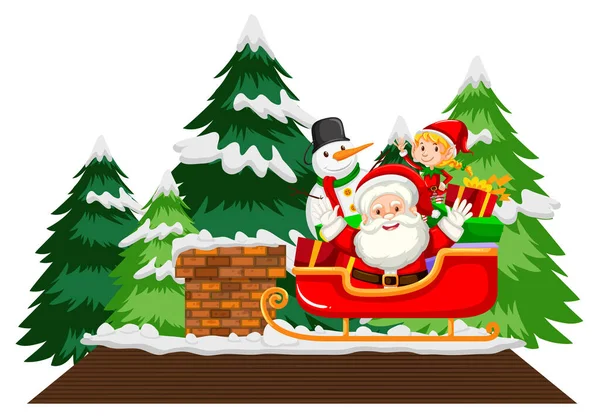 Santa Claus Trineo Con Muñeco Nieve Árbol Navidad Sobre Fondo — Vector de stock