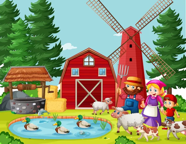 Oude Macdonald Boerderij Met Schuur Windmolen Scene Illustratie — Stockvector