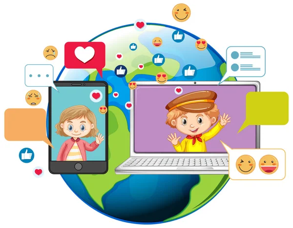 Bambini Con Elementi Social Media Sulla Terra Illustrazione Globo — Vettoriale Stock