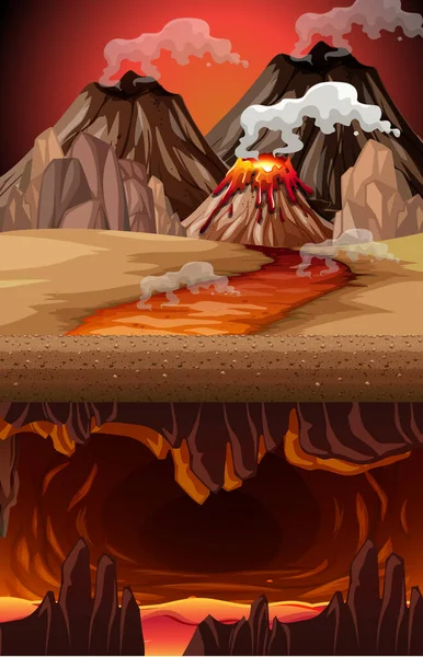 Éruption Volcan Dans Nature Journée Grotte Infernale Avec Illustration Scène — Image vectorielle