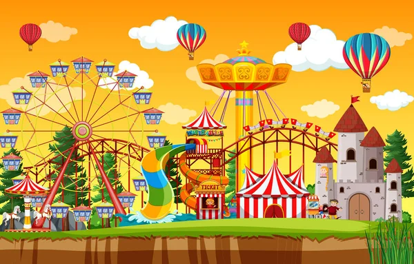 Escena Del Parque Atracciones Durante Día Con Globos Cielo Ilustración — Vector de stock