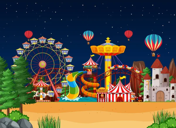Amusement Park Scene Nachts Met Ballonnen Lucht Illustratie — Stockvector