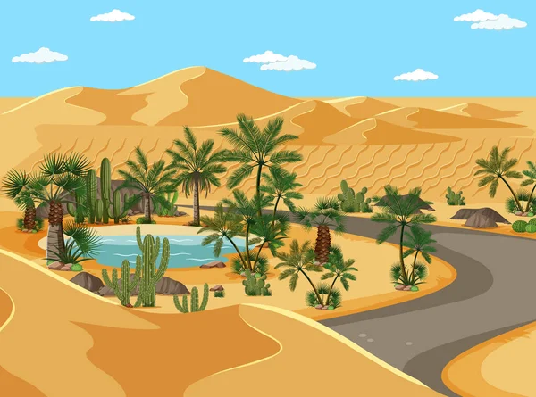 Wüstenoase Mit Palmen Und Straße Naturlandschaft Illustration — Stockvektor