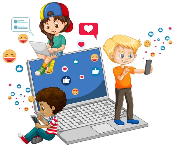 Bambini Con Elementi Social Media Sfondo Bianco Illustrazione — Vettoriale Stock