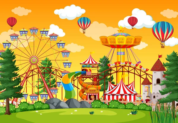 Escena Del Parque Atracciones Durante Día Con Globos Cielo Ilustración — Vector de stock