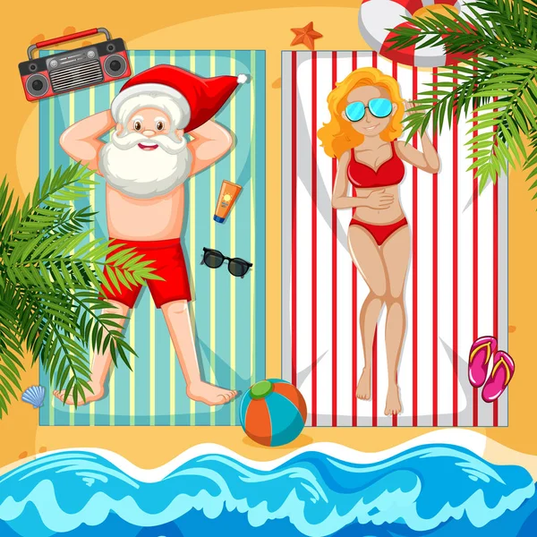 Papai Noel Tomando Banho Sol Praia Com Bela Senhora Ilustração — Vetor de Stock