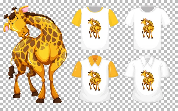 Giraffe Standposition Cartoonfigur Mit Vielen Arten Von Hemden Auf Transparentem — Stockvektor