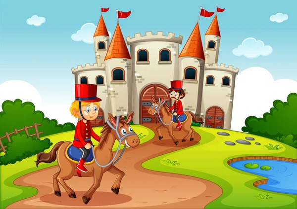 Scène Conte Fées Avec Château Soldat Illustration Scène Garde Royale — Image vectorielle