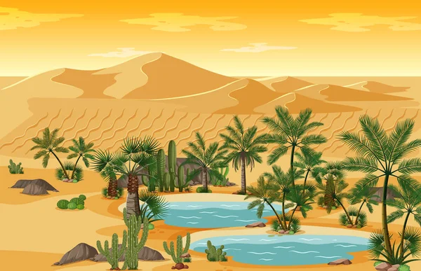 Oásis Deserto Com Palmas Catus Natureza Paisagem Cena Ilustração —  Vetores de Stock