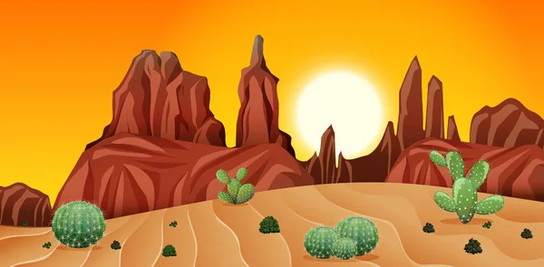 Deserto Com Montanhas Rochosas Paisagem Cacto Pôr Sol Ilustração Cena — Vetor de Stock