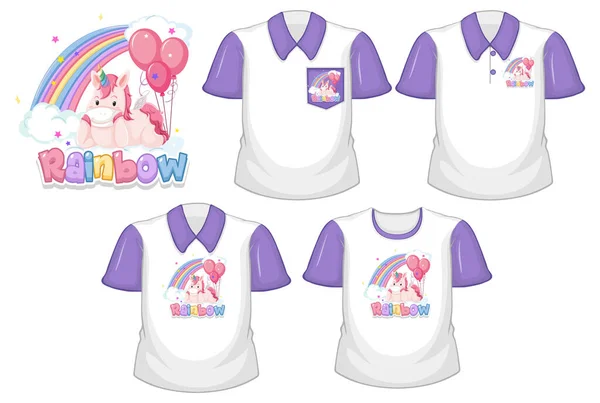 Arco Iris Con Logo Unicornio Conjunto Diferentes Camisas Blancas Con — Vector de stock