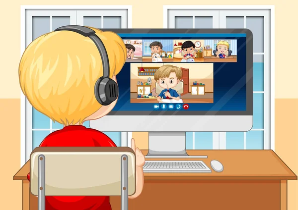 Back View Boy Communication Video Conference Friends Home Scene Illustration — Stockový vektor