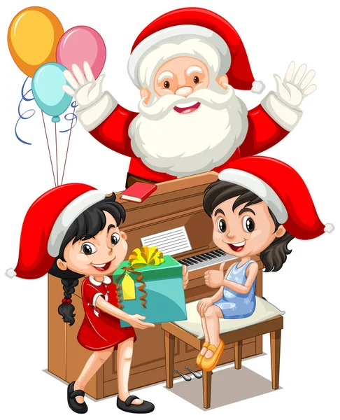 Santa Claus Dvěma Dívkami Hraje Klavír Bílém Pozadí Ilustrace — Stockový vektor