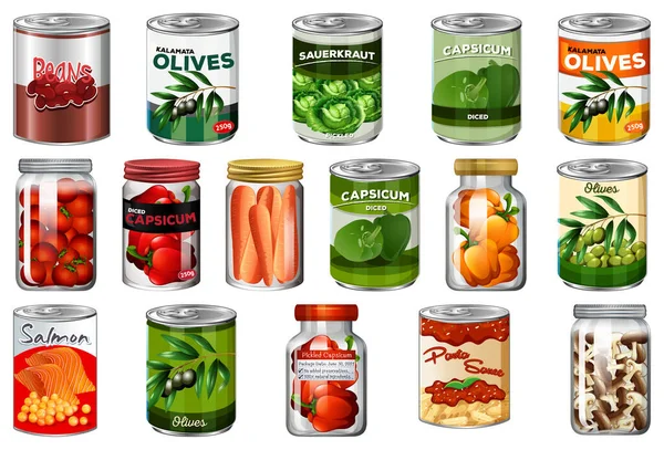 Conjunto Diferentes Alimentos Enlatados Alimentos Frascos Ilustração Isolada — Vetor de Stock