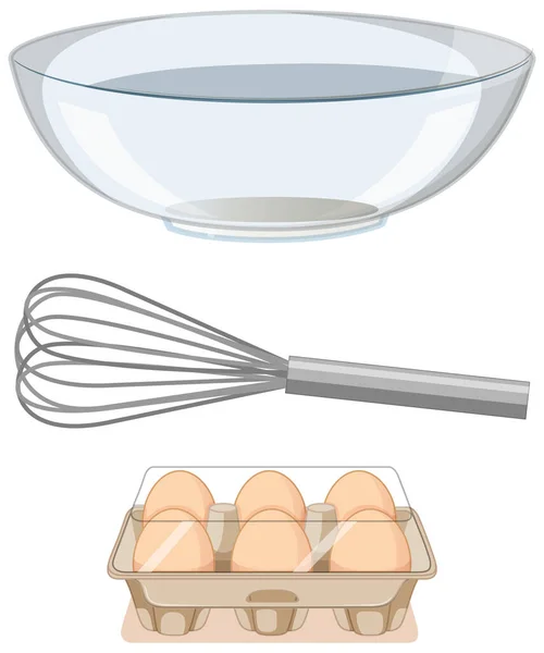 Bakery Tools Metal Whisk Big Bowl Paper Egg Tray White — Stock Vector