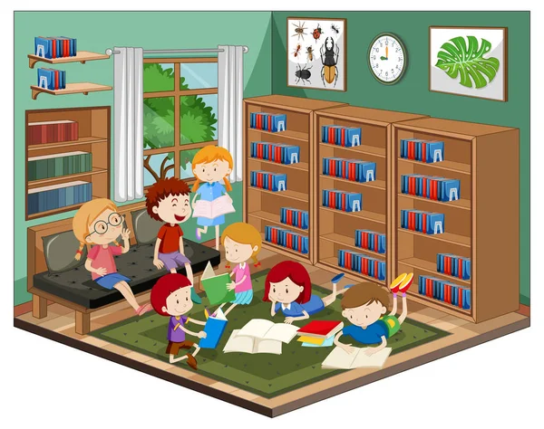 Kinderen Bibliotheek Met Meubels Illustratie — Stockvector