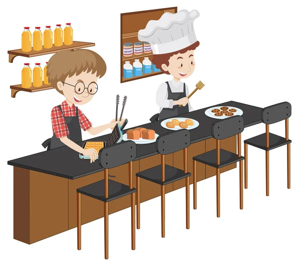 白い背景イラストのキッチン要素を持つ若い男の料理漫画のキャラクター — ストックベクタ