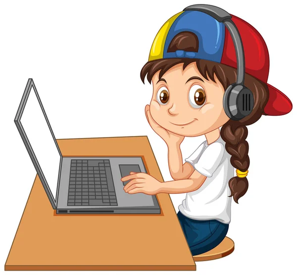 Een Meisje Met Laptop Tafel Witte Achtergrond Illustratie — Stockvector