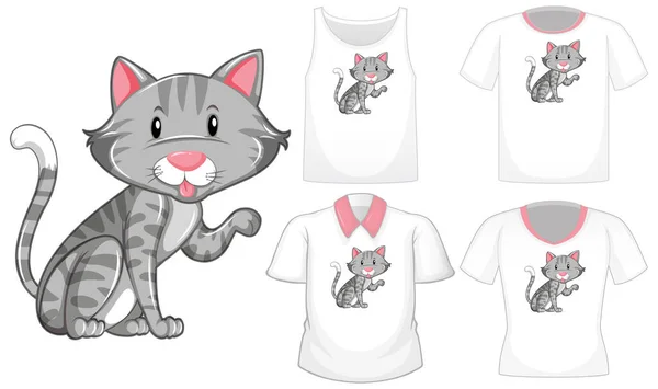 白い背景イラストに隔離された異なるシャツのセットと猫の漫画のキャラクター — ストックベクタ