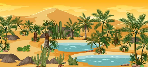 Desert Oasis Palms Catus Nature Landscape Scene Illustration — Stockový vektor