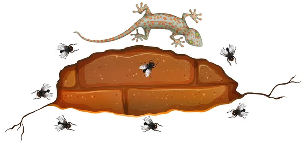 Gecko Tegelvägg Med Många Flyga Tecknad Stil Illustration — Stock vektor