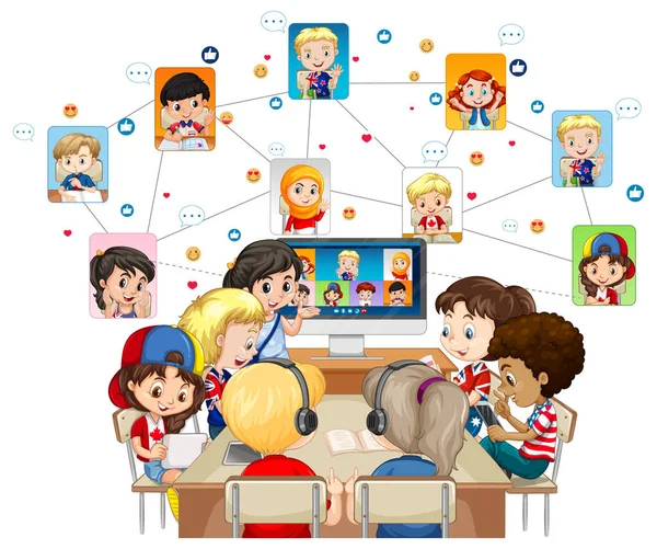 Bambini Che Utilizzano Computer Portatile Comunicare Videoconferenza Con Gli Amici — Vettoriale Stock