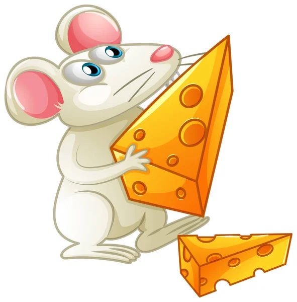 White Mouse Eating Cheese White Background Illustration — Stock Vector