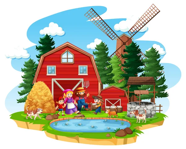 Bauernhof Mit Roter Scheune Und Windmühle Auf Weißem Hintergrund — Stockvektor