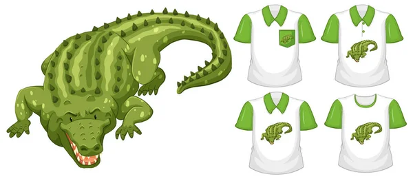 Grüne Krokodil Cartoon Figur Mit Vielen Arten Von Hemden Auf — Stockvektor