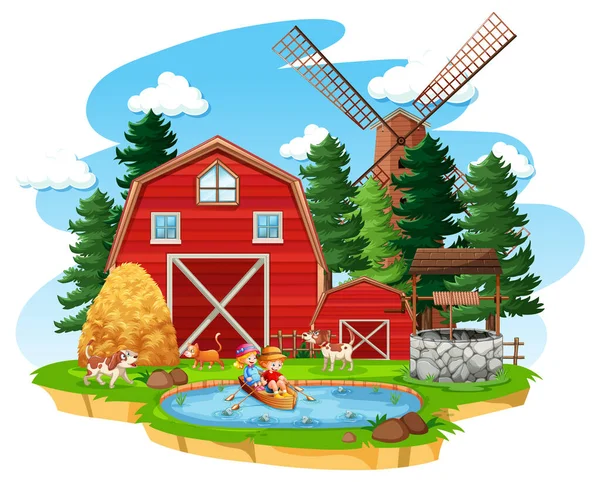 带有红色谷仓和白色背景图上的风车的农场 — 图库矢量图片