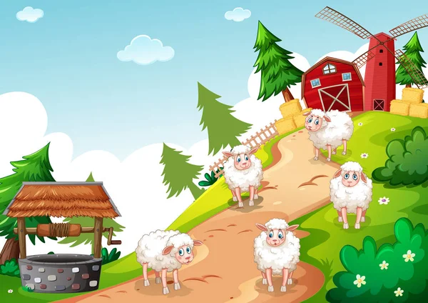 Granja Animales Escena Granja Ilustración Estilo Dibujos Animados — Vector de stock