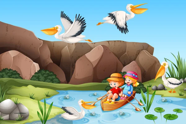 Bambini Remare Barca Nel Fiume Foresta Scena Illustrazione — Vettoriale Stock