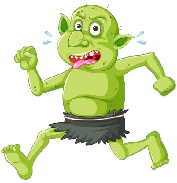 Zelený Goblin Nebo Troll Běh Póza Legrační Tvář Kresleném Charakteru — Stockový vektor