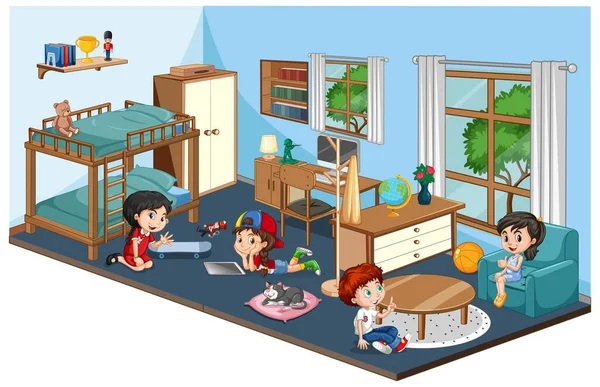 Familia Feliz Dormitorio Con Muebles Azul Tema Ilustración — Archivo Imágenes Vectoriales