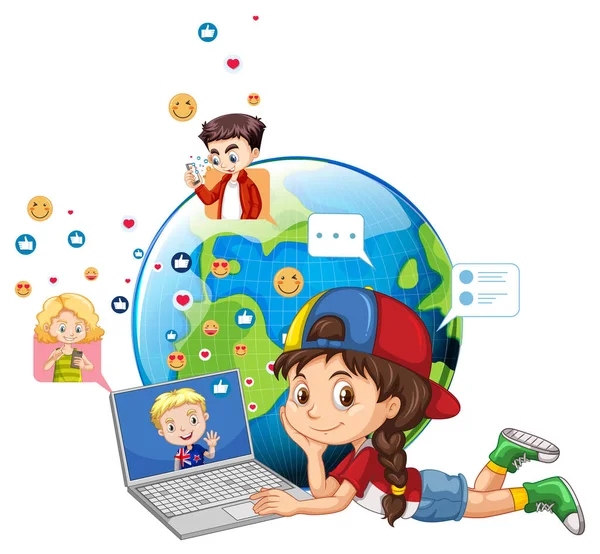 Bambini Con Elementi Social Media Sulla Terra Illustrazione Globo — Vettoriale Stock