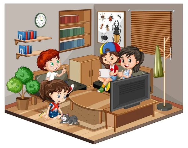 Barn Vardagsrummet Scenen Vit Bakgrund Illustration — Stock vektor