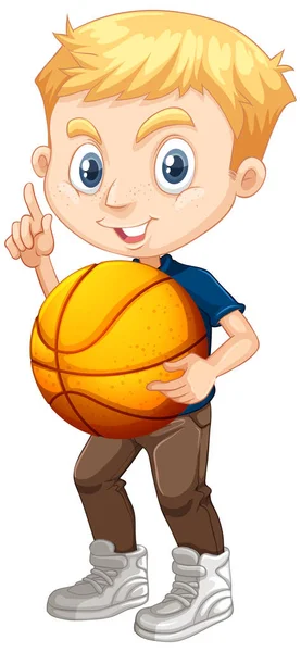 Leuke Jongen Cartoon Karakter Met Basketbal Illustratie — Stockvector