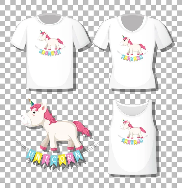 Lindo Personaje Dibujos Animados Unicornio Con Conjunto Diferentes Camisas Aisladas — Vector de stock