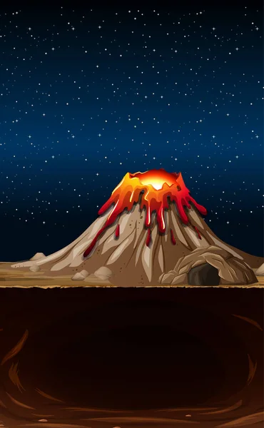 火山喷发在自然界中的夜间图解 — 图库矢量图片