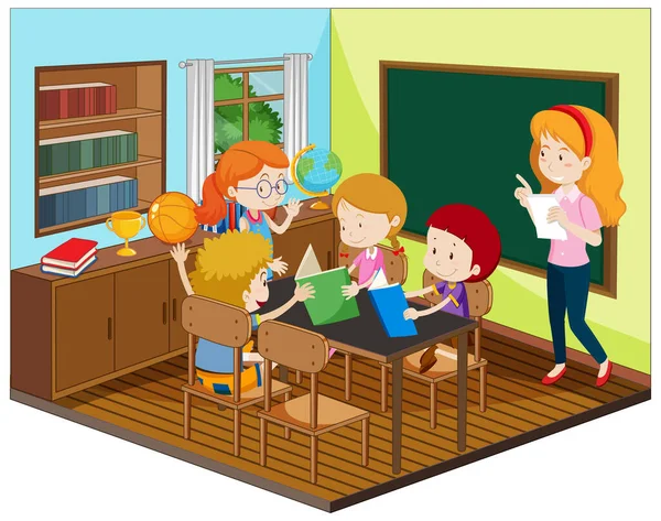 Tanár Diák Osztályteremben Bútorok Illusztráció — Stock Vector