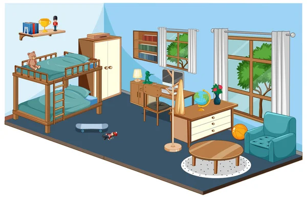 Interior Del Dormitorio Con Muebles Azul Tema Ilustración — Vector de stock